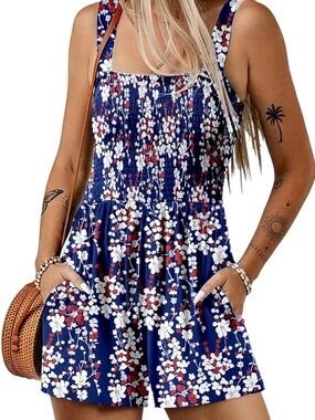 Dokotoo Navy Floral Smocked Romper w/ Pockets